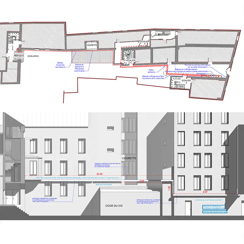 Plan et coupe du RdC